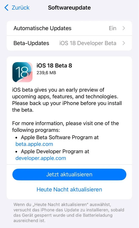 肃北苹果手机维修分享苹果 iOS / iPadOS 18 开发者预览版 Beta 8 发布 